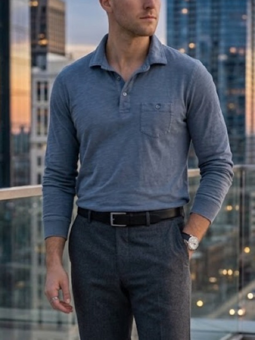 Todd Snyder Long Sleeve Polo Shirt in Dusty Blue
